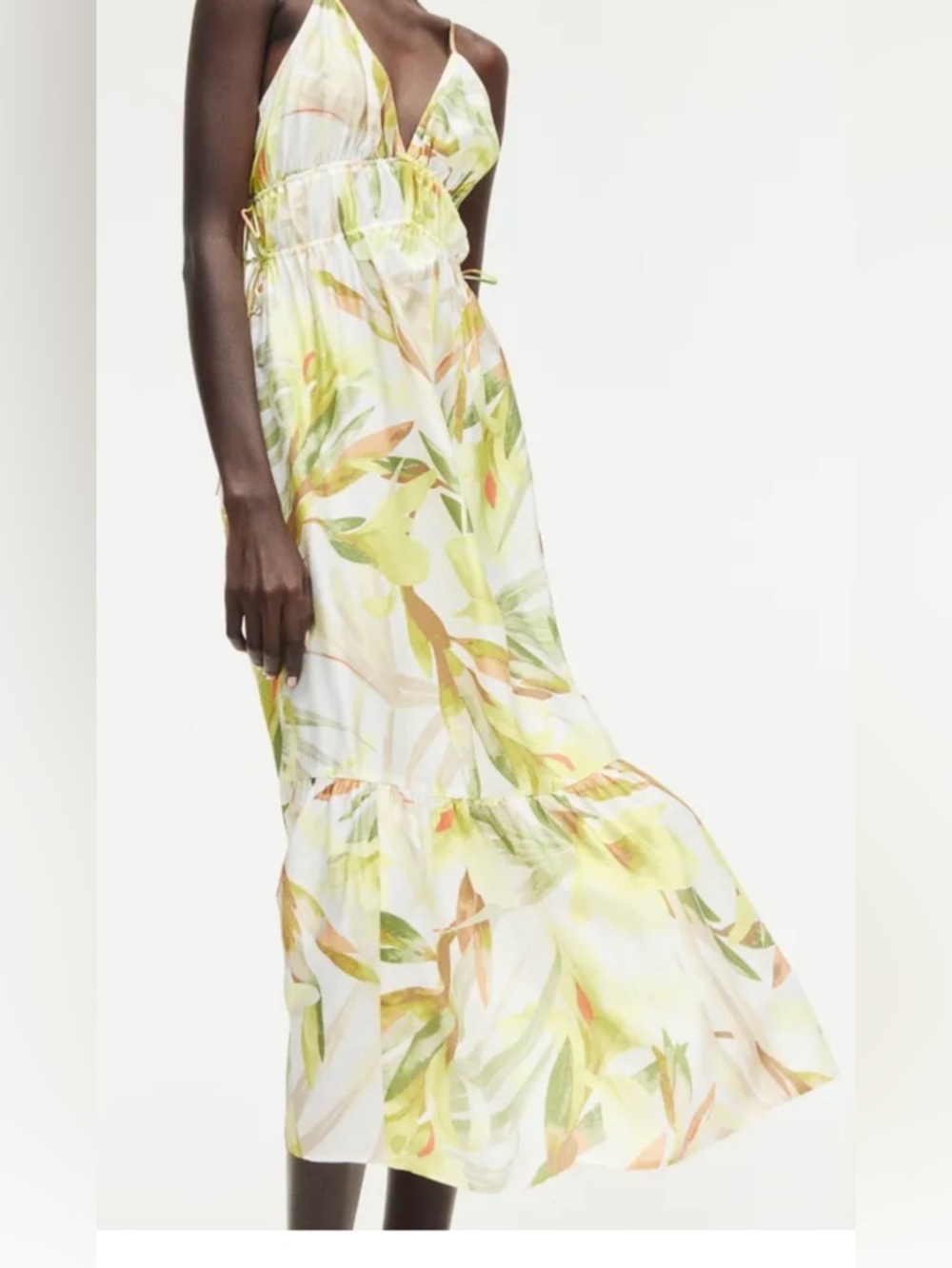 H&M Leaf-Print Spaghetti Strap Maxi Dress in Yellow, Green & Tan size M